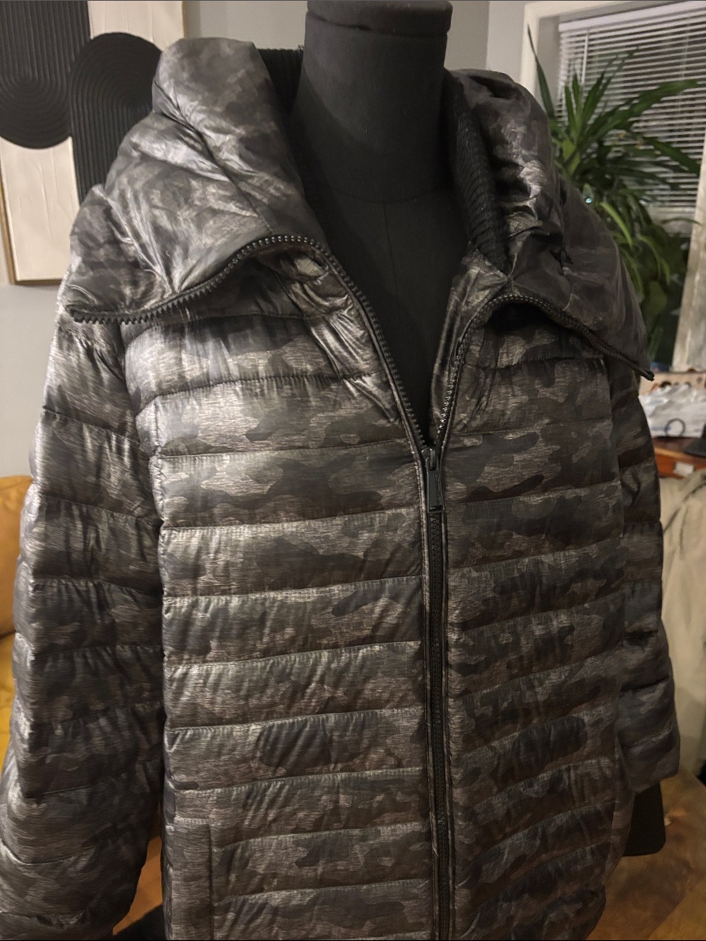 Calvin Klein Metallic Charcoal Camo Puffer Coat